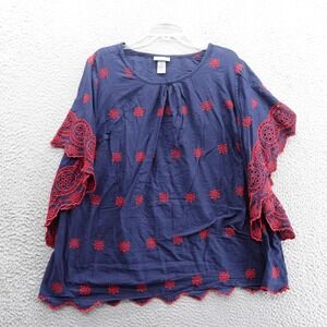 Catherines Eyelet Floral Tunic Top 2X Blue Red Womens 3/4‎ Sleeve Plus Size